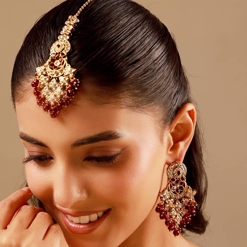 Kundan Opulance Pearl-Beaded Yellow Gold-Plated Chand Bali Set : 8905124582345