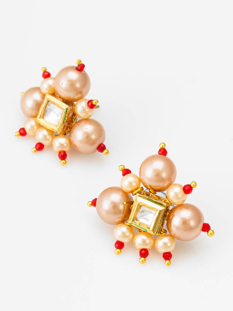 Five-Strand Peach Pearl Mala Necklace Set With Kundan Cluster Earrings : NK4440