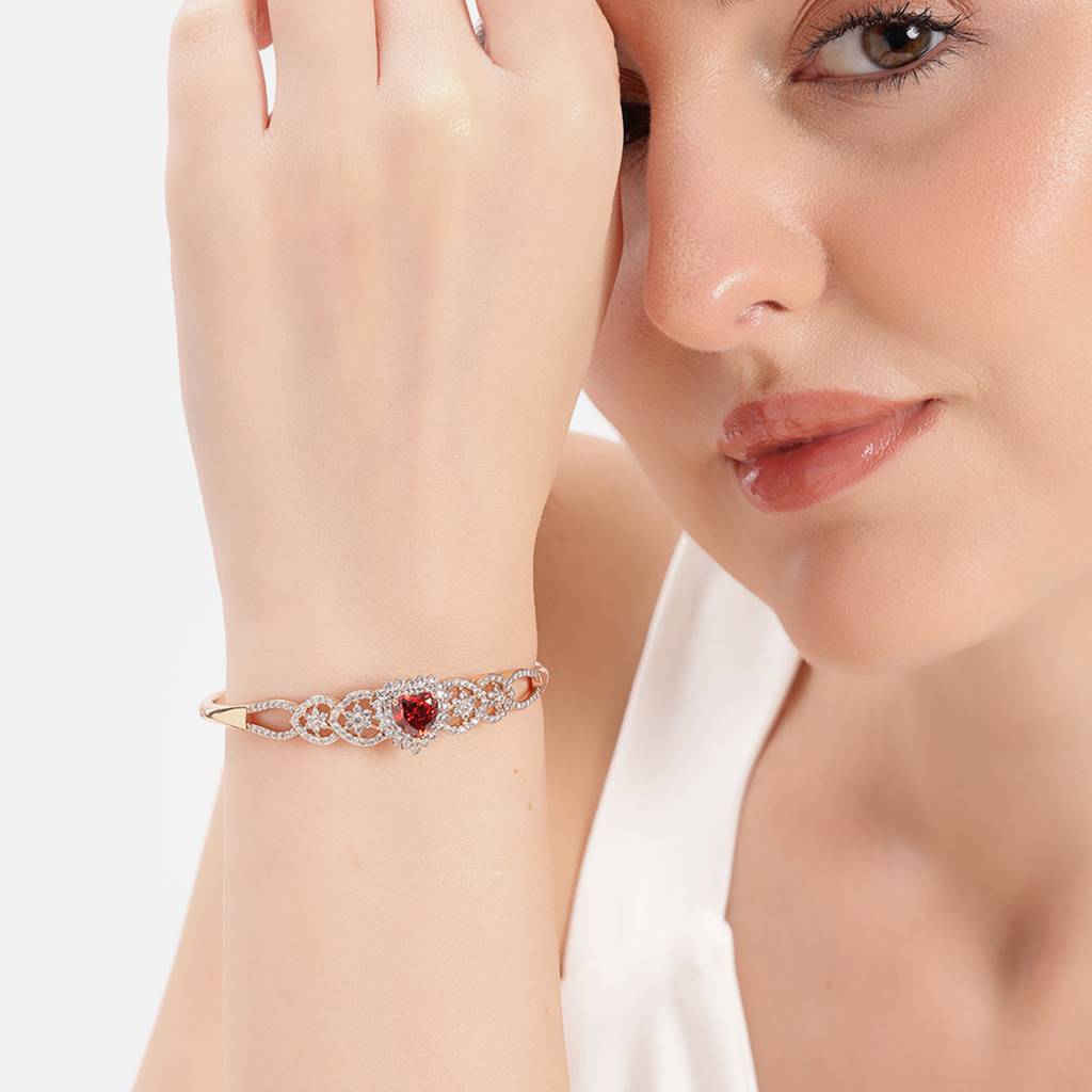 Rose Gold Finish Heart Shape Kada Bracelet | Red Crystal Trendy Party Wear Glam : CAD-031-RG-BR