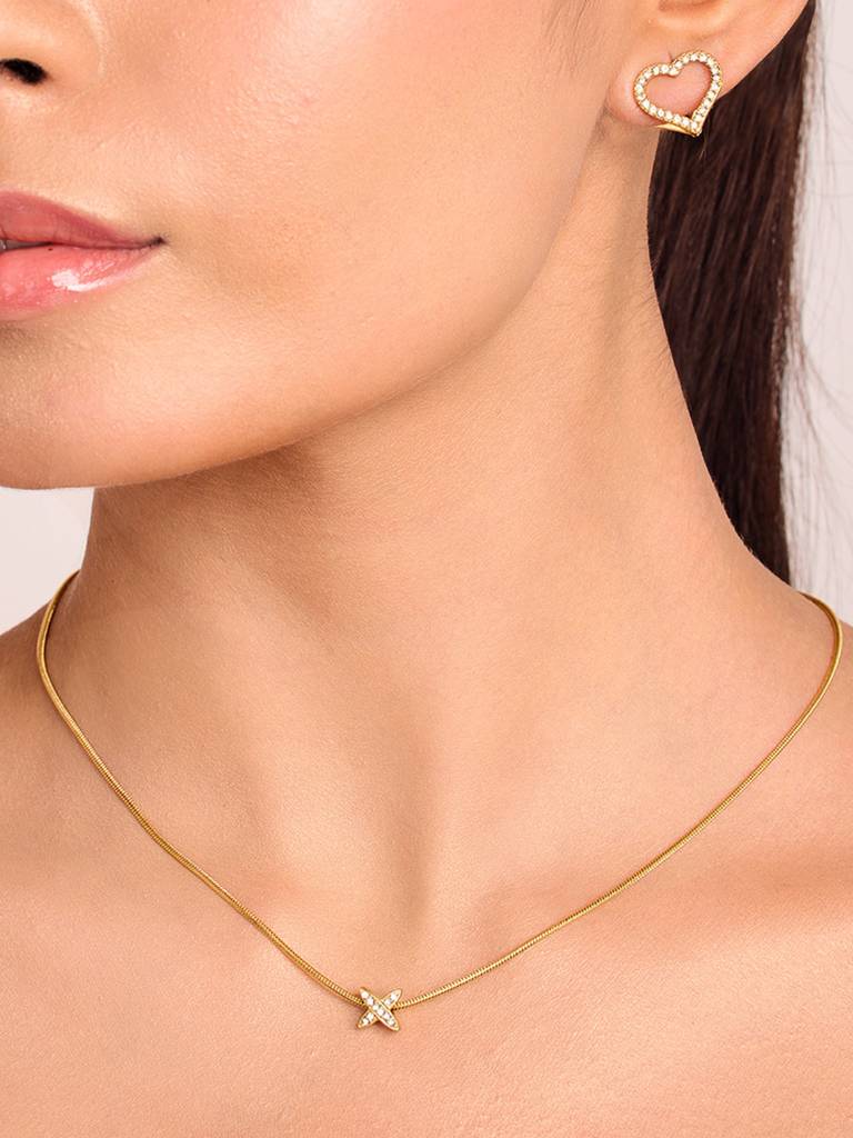 18K Gold Plated Golden Crossline Necklace Stainless Steel Waterproof & Anti-Tarnish : N14ASSS0G