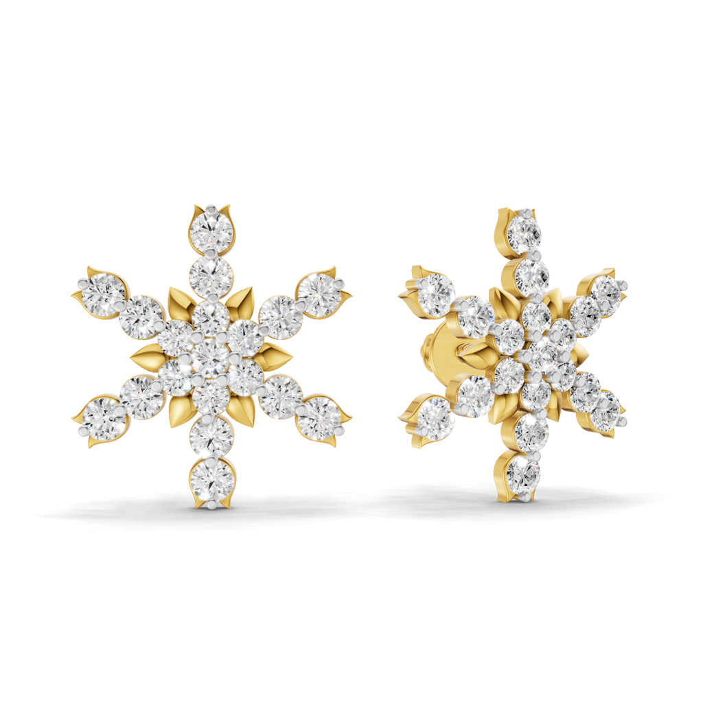 Lab Grown Diamond 0.87Ct Round 925 Sterling Silver Gold Plated Snowflakes Earrings : SQT19350-EG-925S-0.87CT