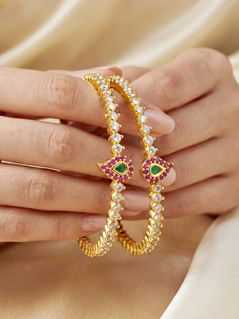 Gold Plated Ad Stone Bangle For Women With Pink & Green Paisley Motif | Elegant Ethnic Wedding Festive Ka : 873-C1BG-2208-2-24