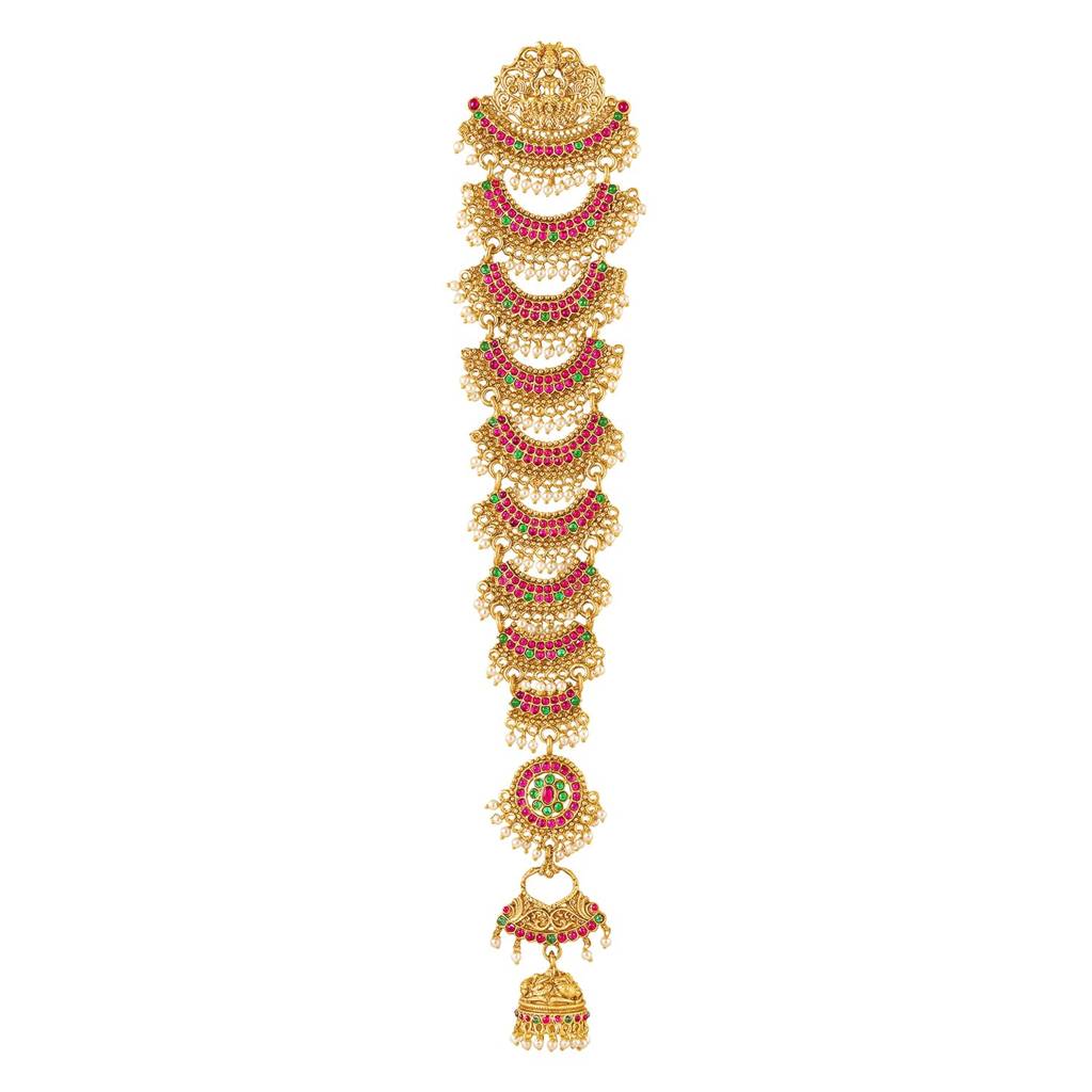 Gold Plated Faux Ruby Faux Emerald & Beads Studded Ethnic Hair Braid Juda Pin Jewellery For Women & Girls : PF47HJ04RPG
