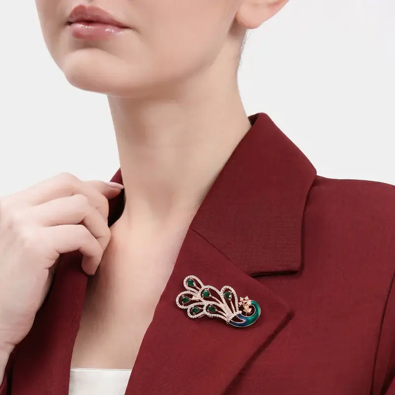 Cz Statement Peacock Feather Brooch Pin For Women |Wedding Wear : AD-005-RGGN-BROOCH