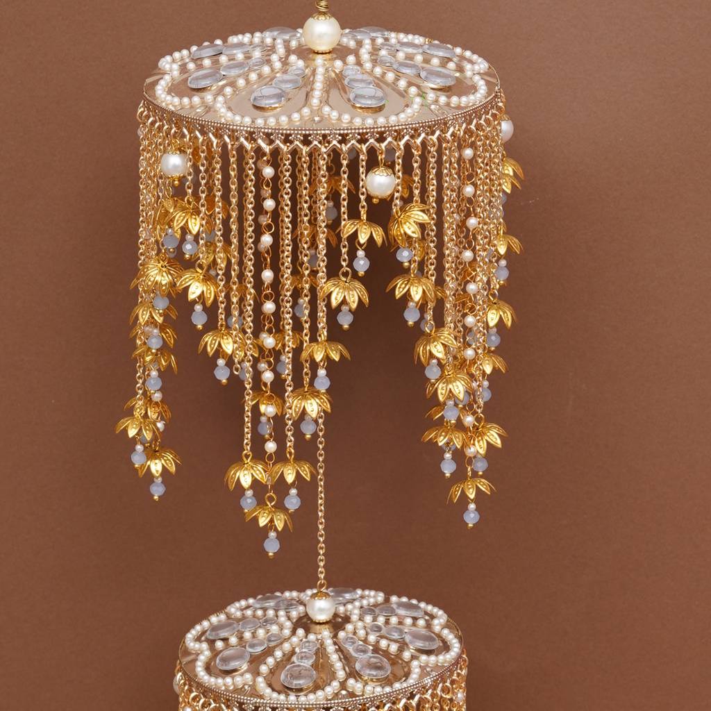 Royal Pearl Mini Lotus Dome Bridal Kaleere With Layered Chain Drops - Set Of 2 Pieces : ACKL077