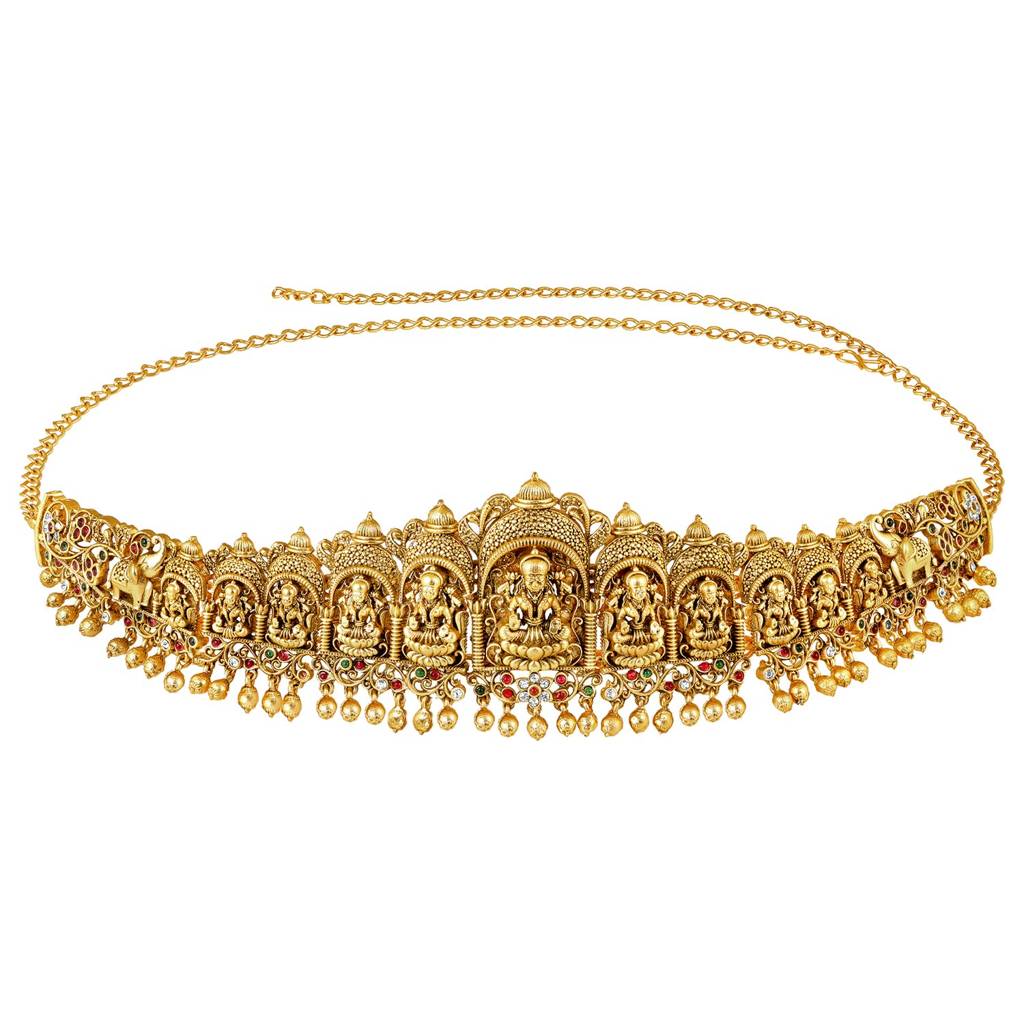 Gold Plated Faux Ruby Faux Emerald Studded Divine Goddess Laxmi Accent Kamar Patta Kamarbandh Belly Chain Jewell : PF47BCH01RG