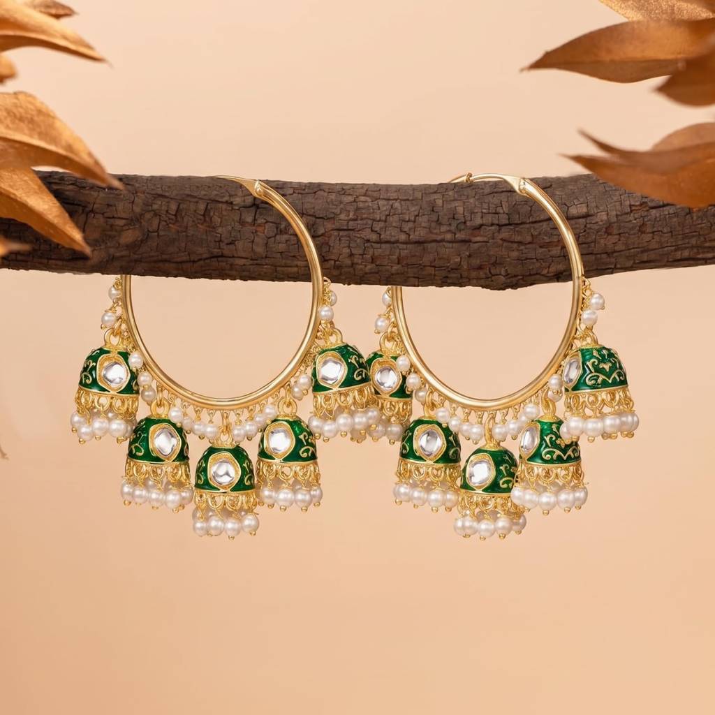 Gold Plated Green Ethnic Hoop Jhumka Style Earrings For Women : PF09E648GW