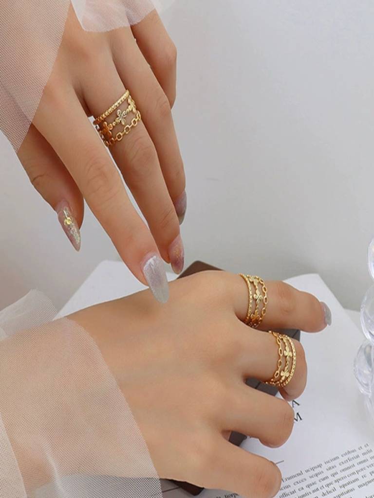 Floral Triple Layer Ring For Women Anti-Tarnish Waterproof 18K Gold Plated : ALL1125R365