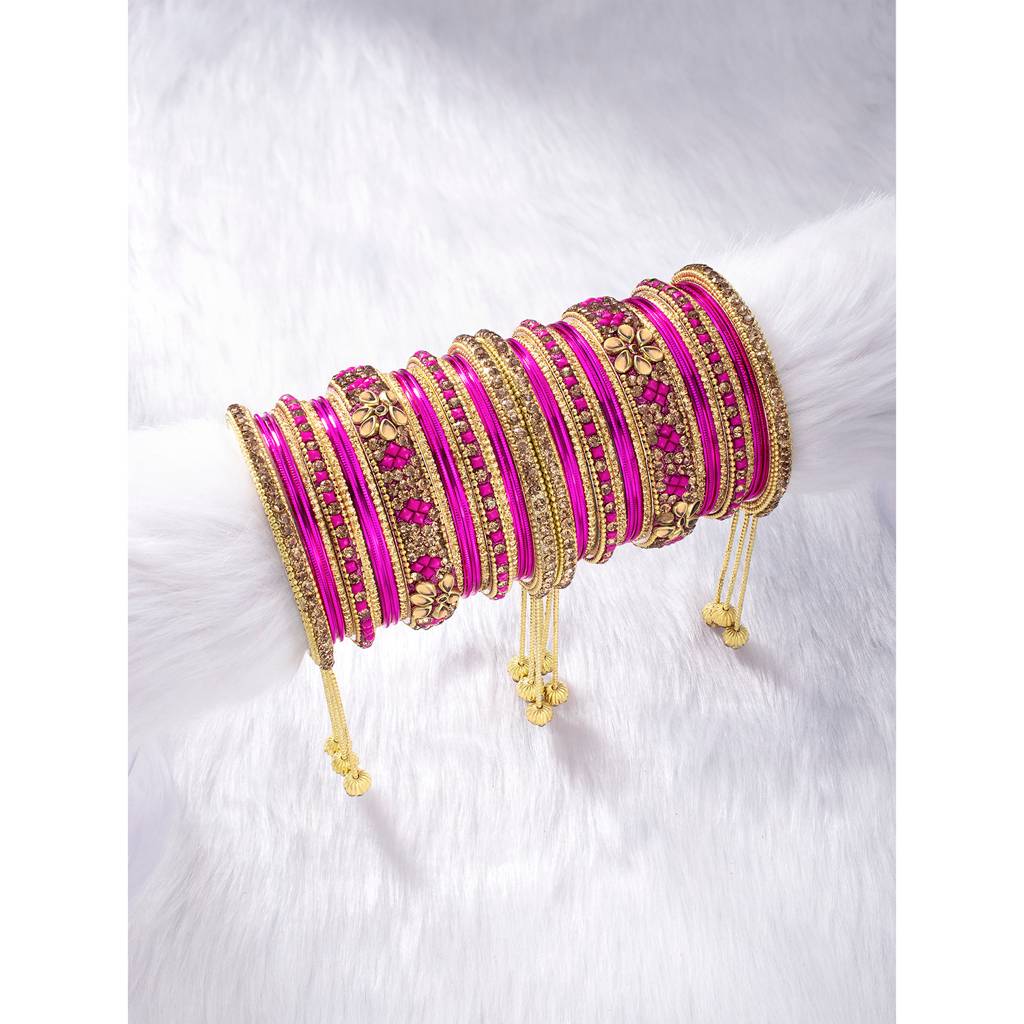 Stone Studded Metal Chuda Bangle Set With Hangings For Women Wedding Bridal Indian Traditional Ethnic Jewellery : PF51B43RP