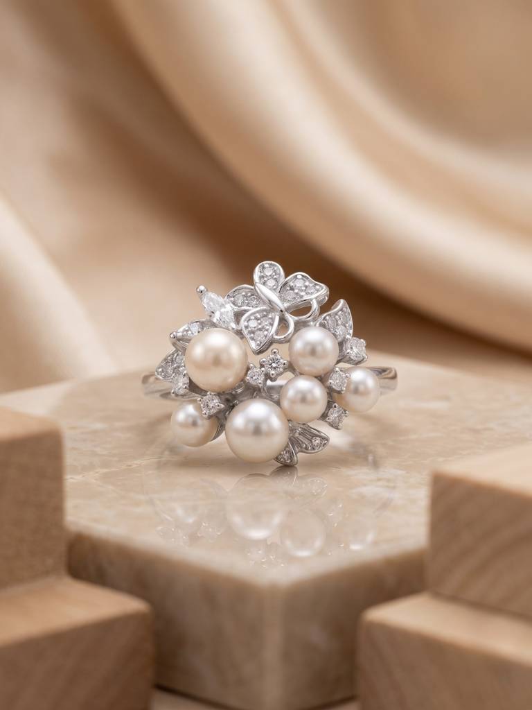 925 Sterling Silver Freshwater Pearl Floral Statement Ring For Women : R-30-8