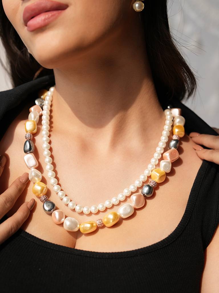 Kaira Double-Strand Pearl And Box Cut Stones Necklace With Gold-Toned Drop Earrings : 522NKS23DR