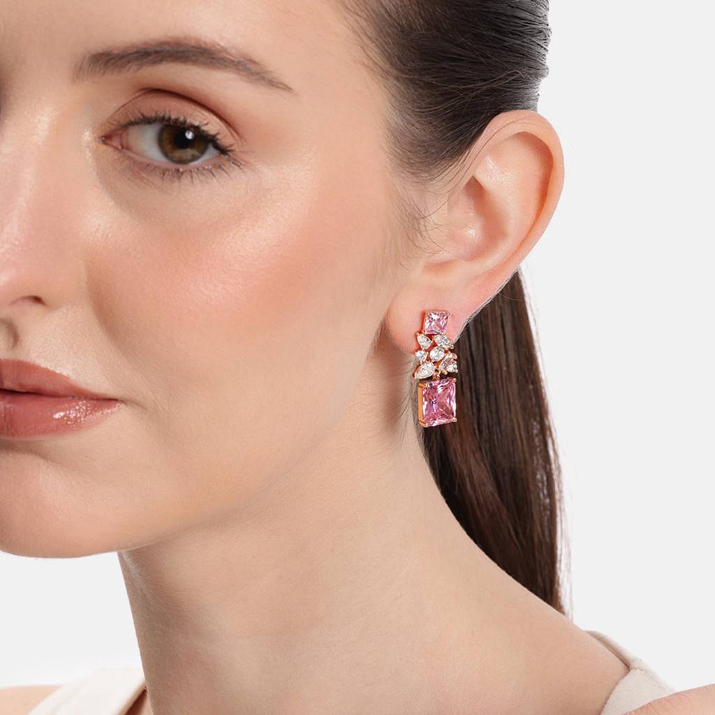 Rosegold Plated Pink Crystal Drop Earrings | Glam Chic Statement Style For Women : CXP-025-RG-ER