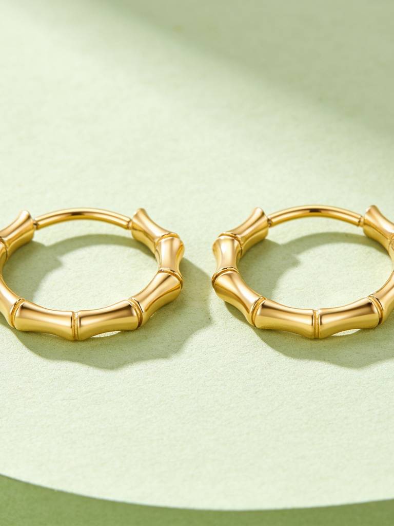 18K Gold Plated Stainless Steel Waterproof & Anti-Tarnish Bamboo Hoop Earrings : E105ASSS0G