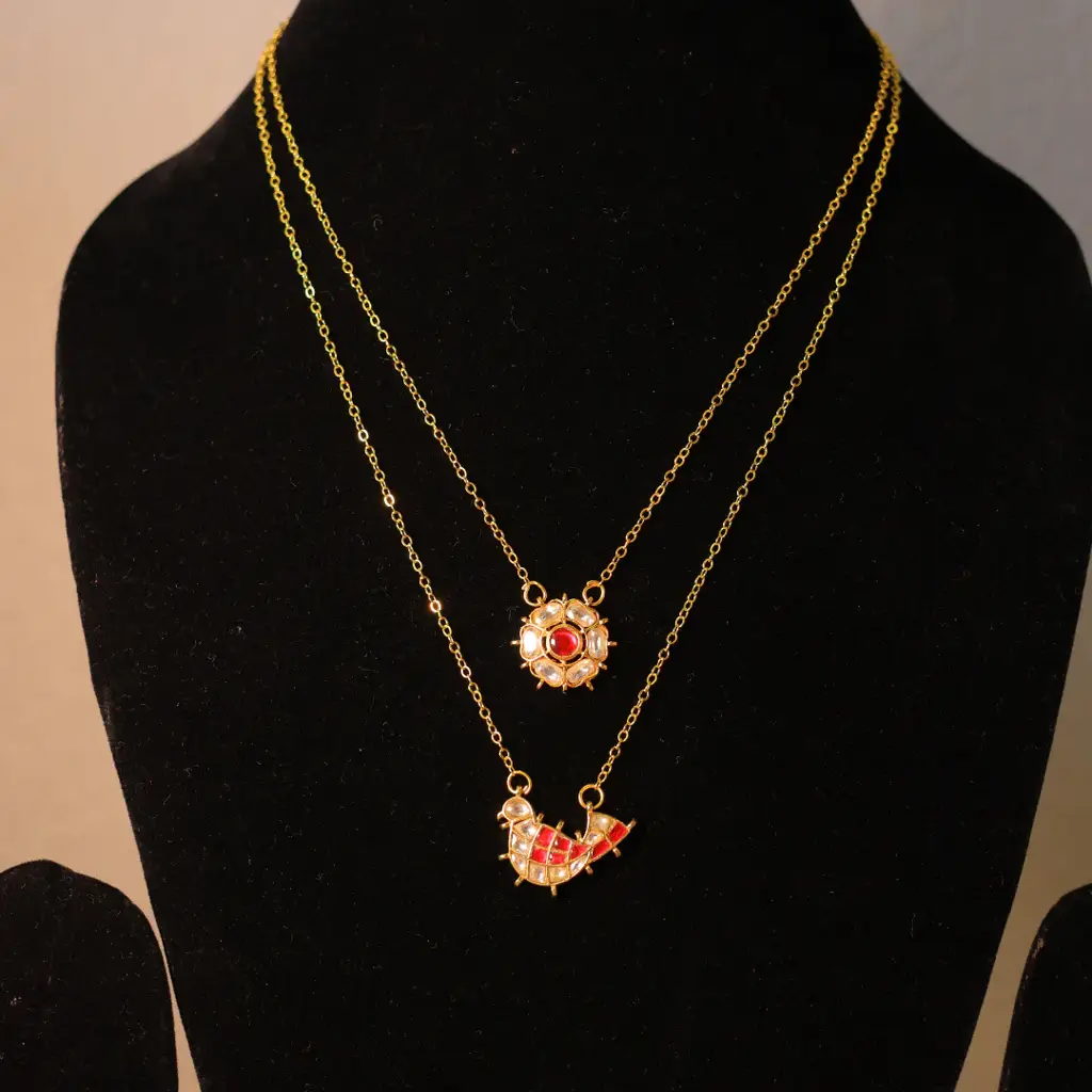 Handcrafted Paachi Kundan Layered Necklace Set With Ruby Floral & Bird Charms : RP-280