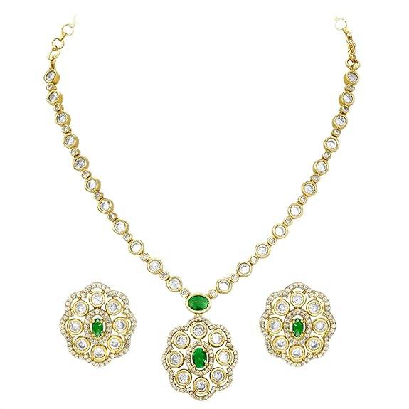 Green Pendant Style Necklace Earrings For Women & Girls Gold Plated Faux Emerald & Crystals Studded Festive Occasio : PF76N05G