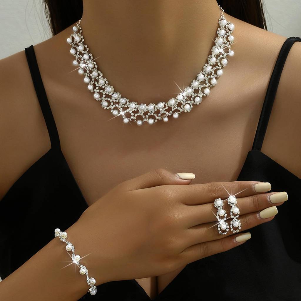 Silver Plated Cubic Zirconia & Pearl Studded Necklace Earrings & Bracelet Set Fancy Jewellery For Women & Girls : PX9N116
