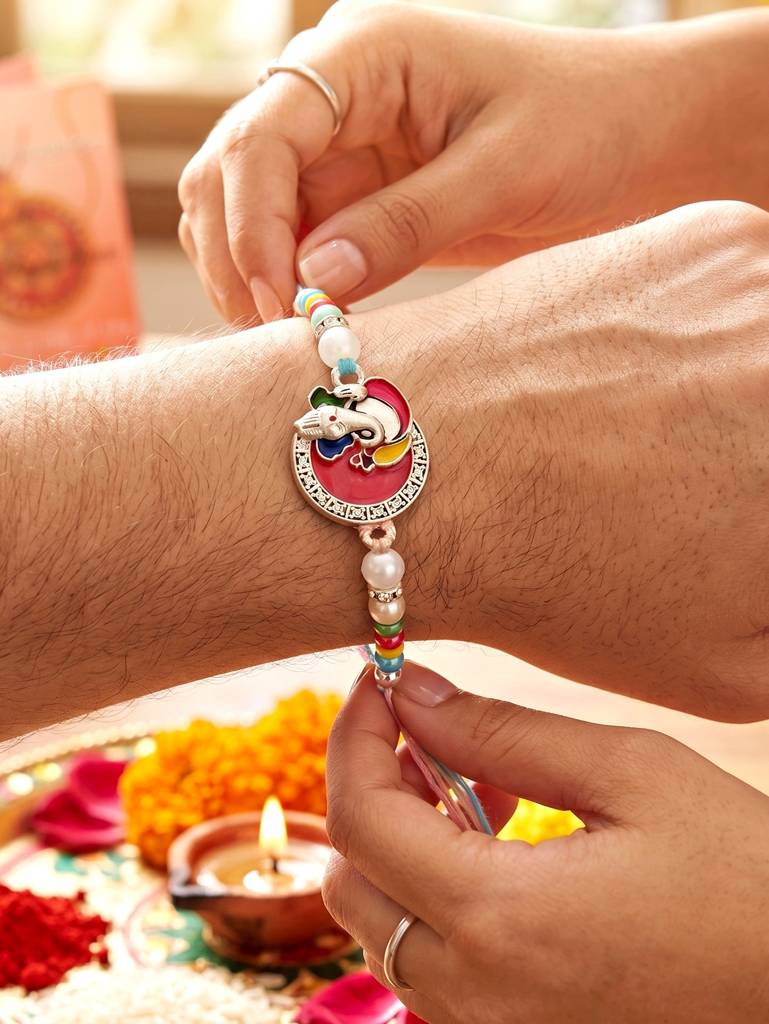 Lord Ganesha Circular Ganpati Silver-Finish Enamel Beaded Rakhi Set For Brother, Roli & Card (132-S5R1-Ar2773) : 132-S5R1-AR2773