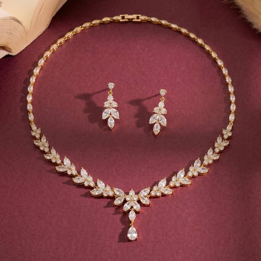 Gold Plated Stylish Necklace Earring Set For Women | Crystals Studded | Festive & Occasion Jewellery | Gift For Her : PX9N284W