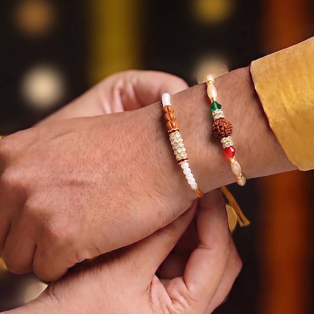 Rakhshabandhan Thread Rakhi For Brother Bhaiya Rudraksha & Beads Studded Red Brown Combo Pack Of 2 Rakhi Hamper Ro : R07C35-S2
