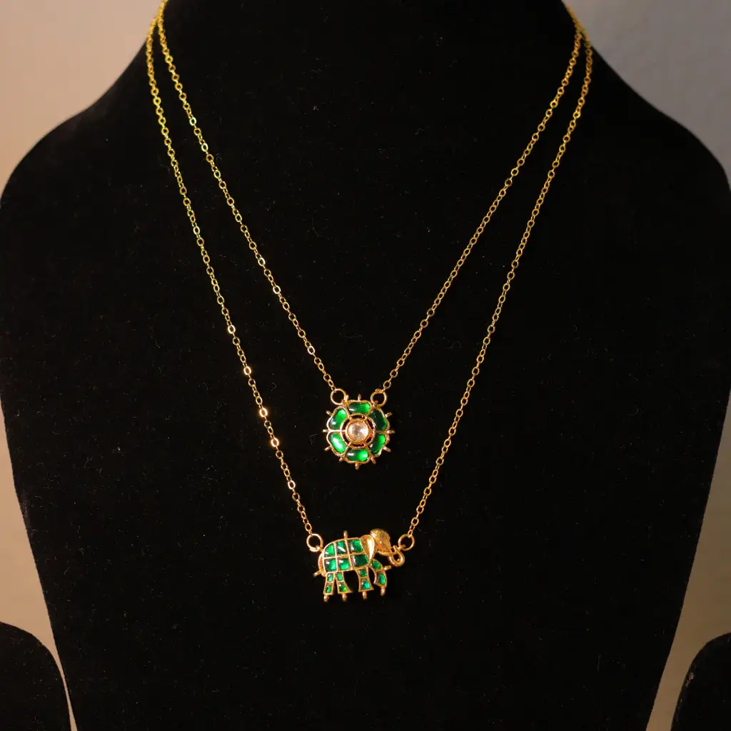 Handcrafted Gold-Plated Layered Necklace Set With Emerald Paachi Kundan Green Stone Floral & Elephant Charms : RP-300