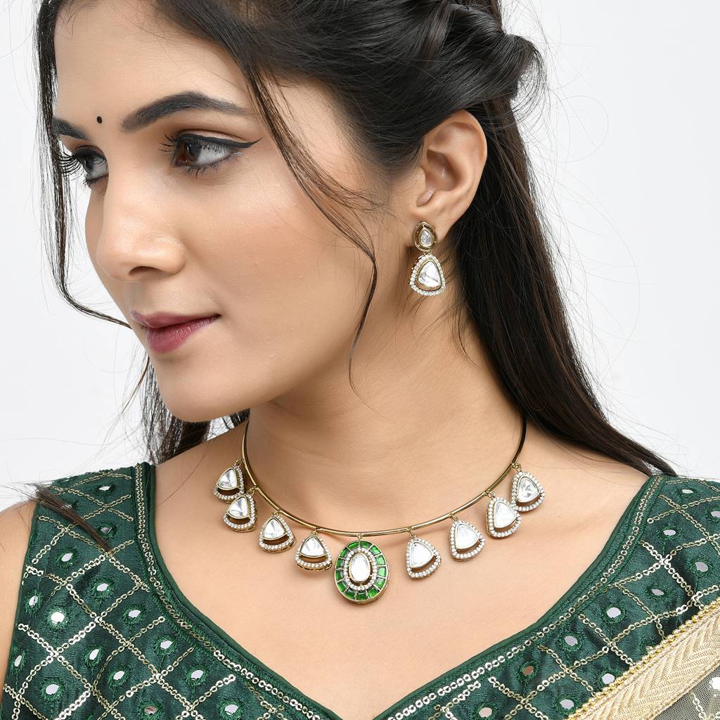 Hasli Regal Radiance Green Kundan Embellished Golden Necklace Set : 8905124535464
