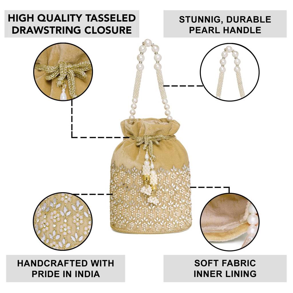 Potli Purses For Women Handmade Evening Handbag Stylish Bridal Fashion Wristlet Bag For Girls (P46Br) : P46G-F
