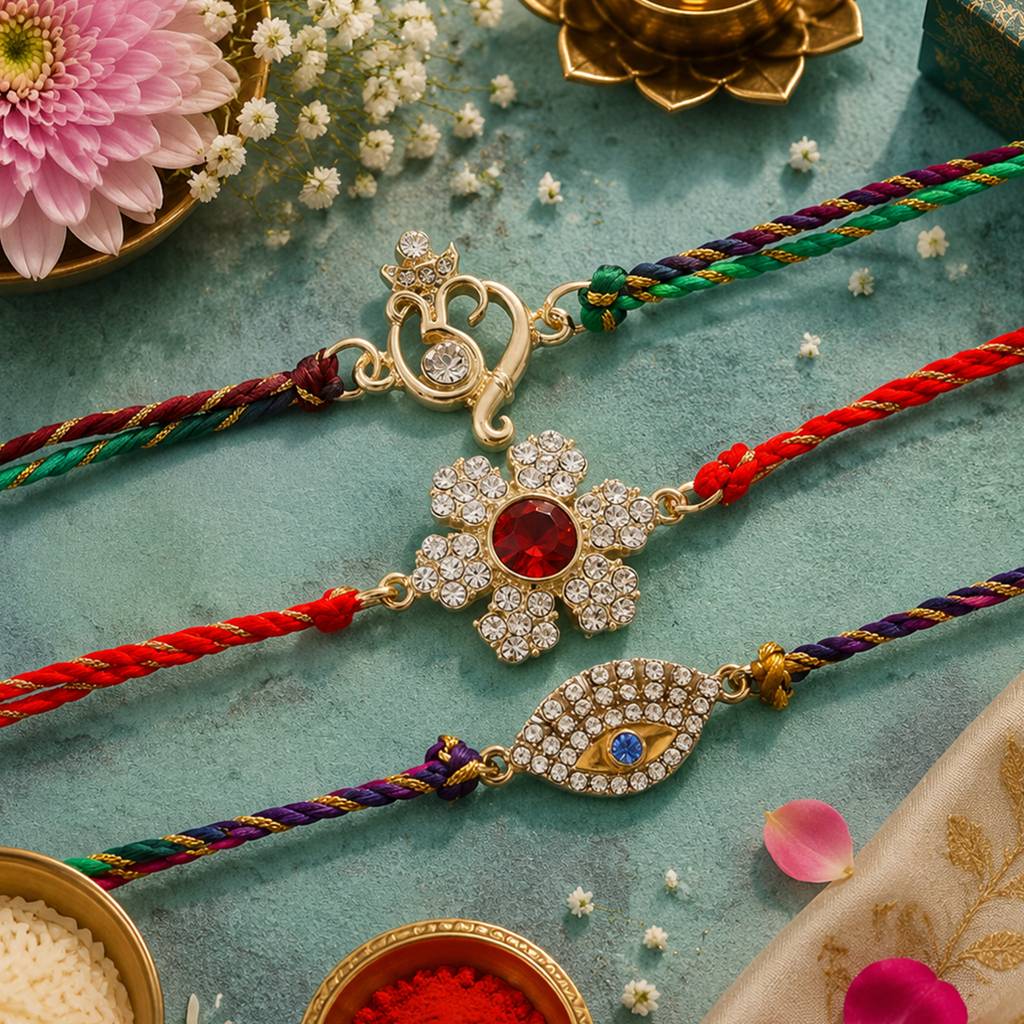 Gold Plated Om And Floral Infinity Shaped Multi Colour Designer Bracelet With Austrian Crystals And Fancy Si : COMBO-239-RAKHI