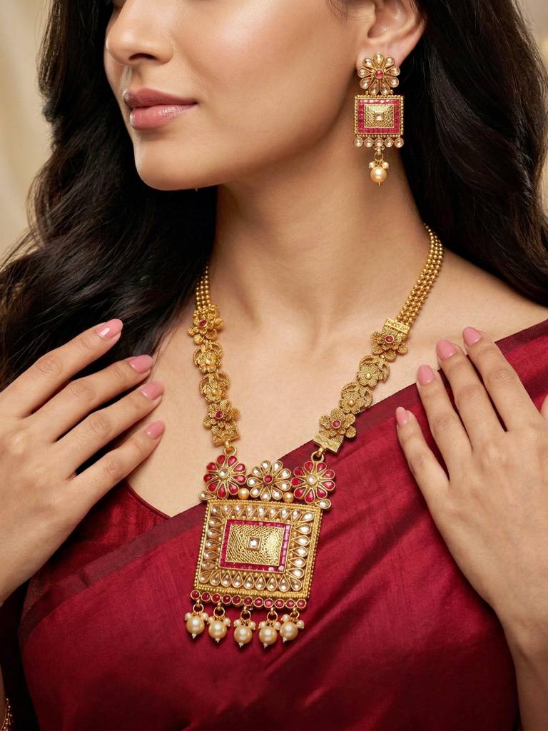 Gold-Plated Traditional Necklace Set With Earrings For Women | Ruby Color Ethnic Jewellery | Festive Wedding  : 726-G2SR-197-R
