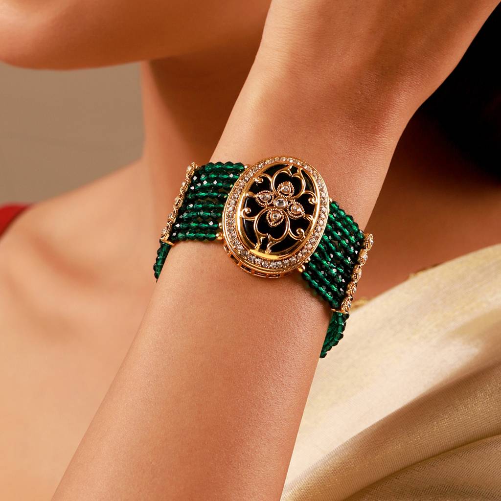 Kundan Opulance Green Cz-Pearl Beaded Yellow Gold-Plated Bracelet : 8905124585421