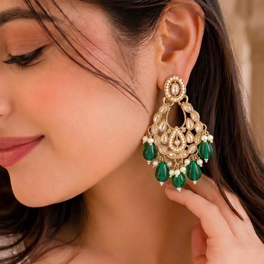 Ethnic Gold Plated Green Crystals Studded Dangler Earrings For Women : PF09E1605G