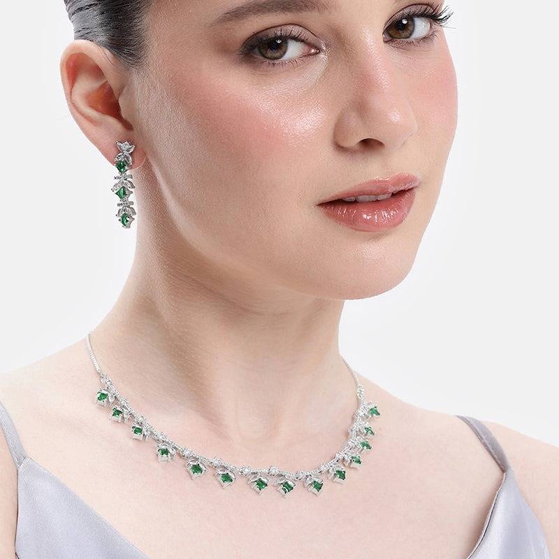 Elegant Cz Leaf Drop Necklace Set For Women – Party & Festive Wear : AD-899-IRGNNKER