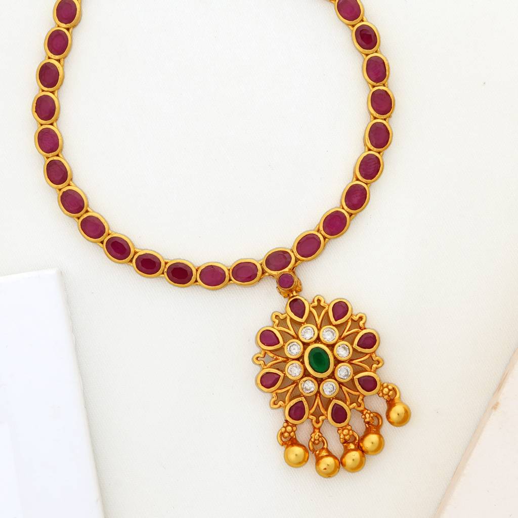 Gold Plated Ruby Stone Short Necklace For Women : SKN26M8567