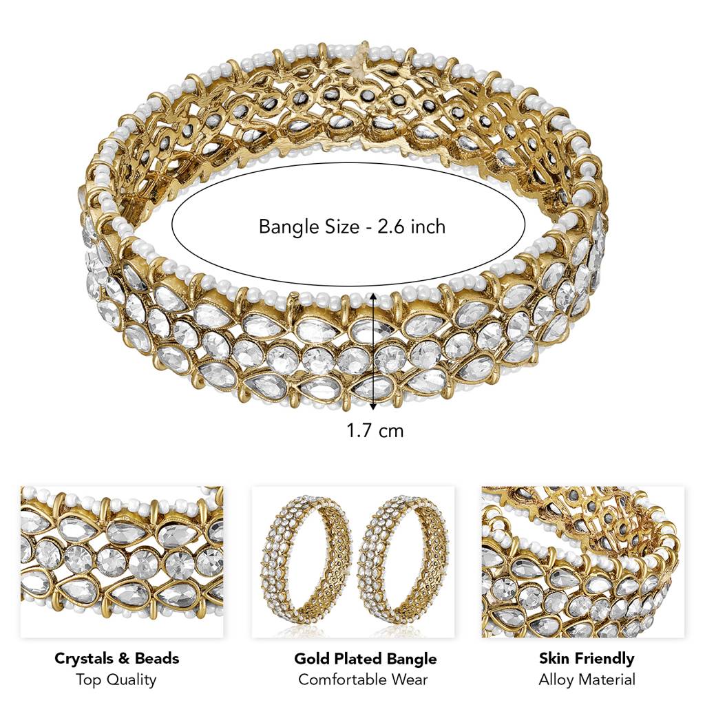 Gold Plated White Crystals Studded Ethnic Bangles Jewellery For Women (Size - 2.6 Inch) : PF106B03W-S2-6
