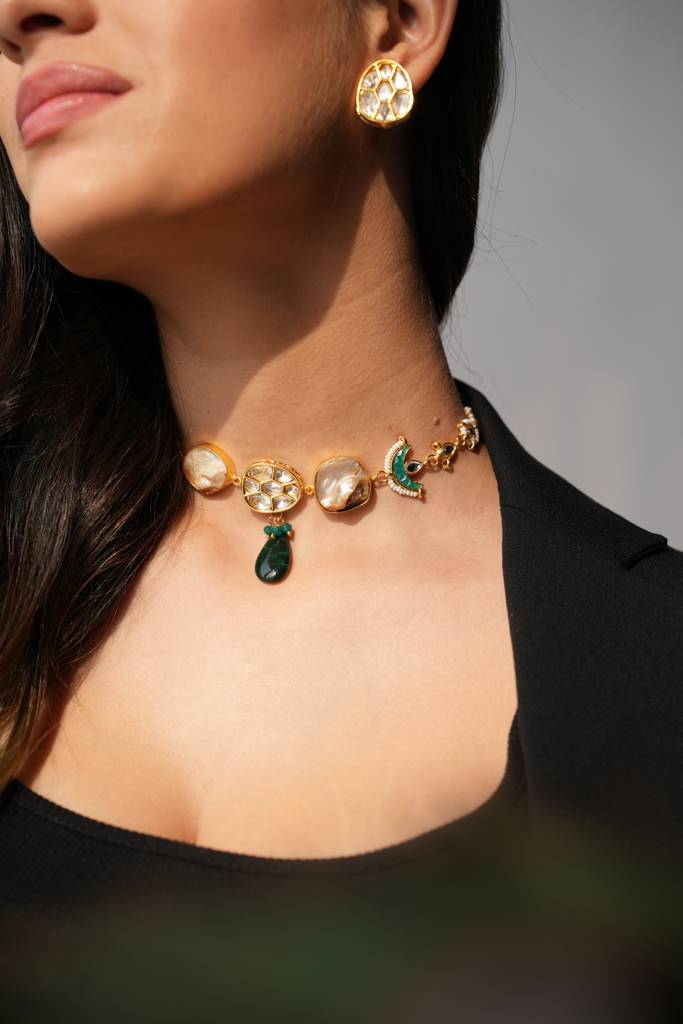 Riana Handmade Pachi Choker Set With Kundan Earrings : 1021NKS25RA