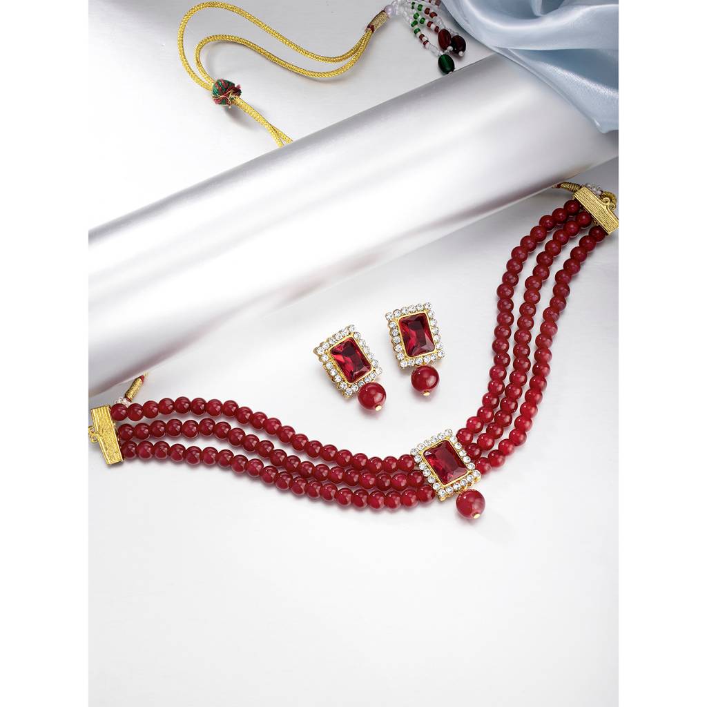 Peora Gold Plated Indian Traditional Crystal Pearl Beaded Choker Necklace Jewellery Set For Women : PF24N02M-1