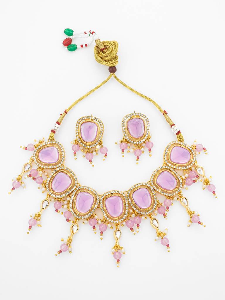 Gold Plated Lavender Stone Kundan Choker Necklace Set : NK4900