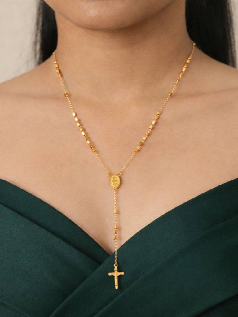 Cross Lariat Rosary Chain Necklace, 18K Gold Plated Waterproof Anti-Tarnish : ALL0725N048_RE