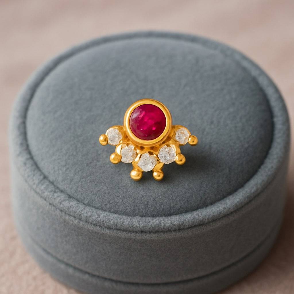 Floral Nose Pin - Sterling Silver Gold Plated : NP-00169_SW277_925S_YG_RED