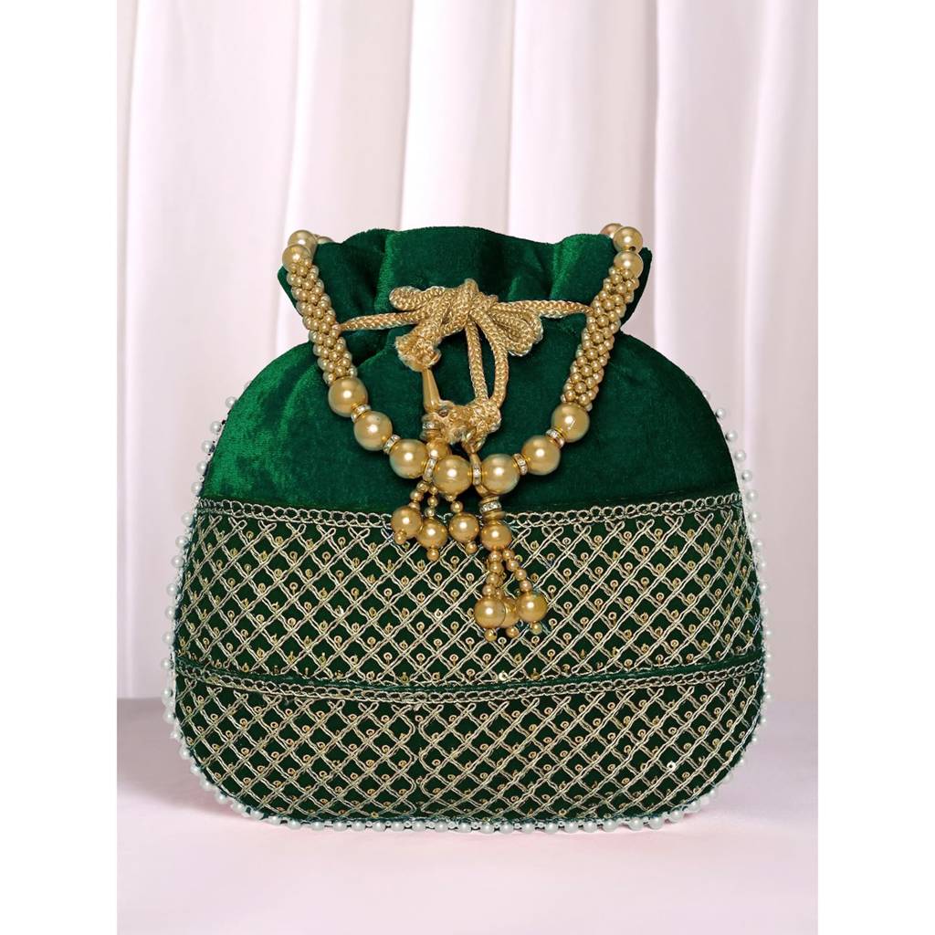 Zari Sequence Potli Bag With Beads Motif Handle For Women Handmade Handbag Stylish Bride Fashion Wristlet Bag For  : P197GRN-F