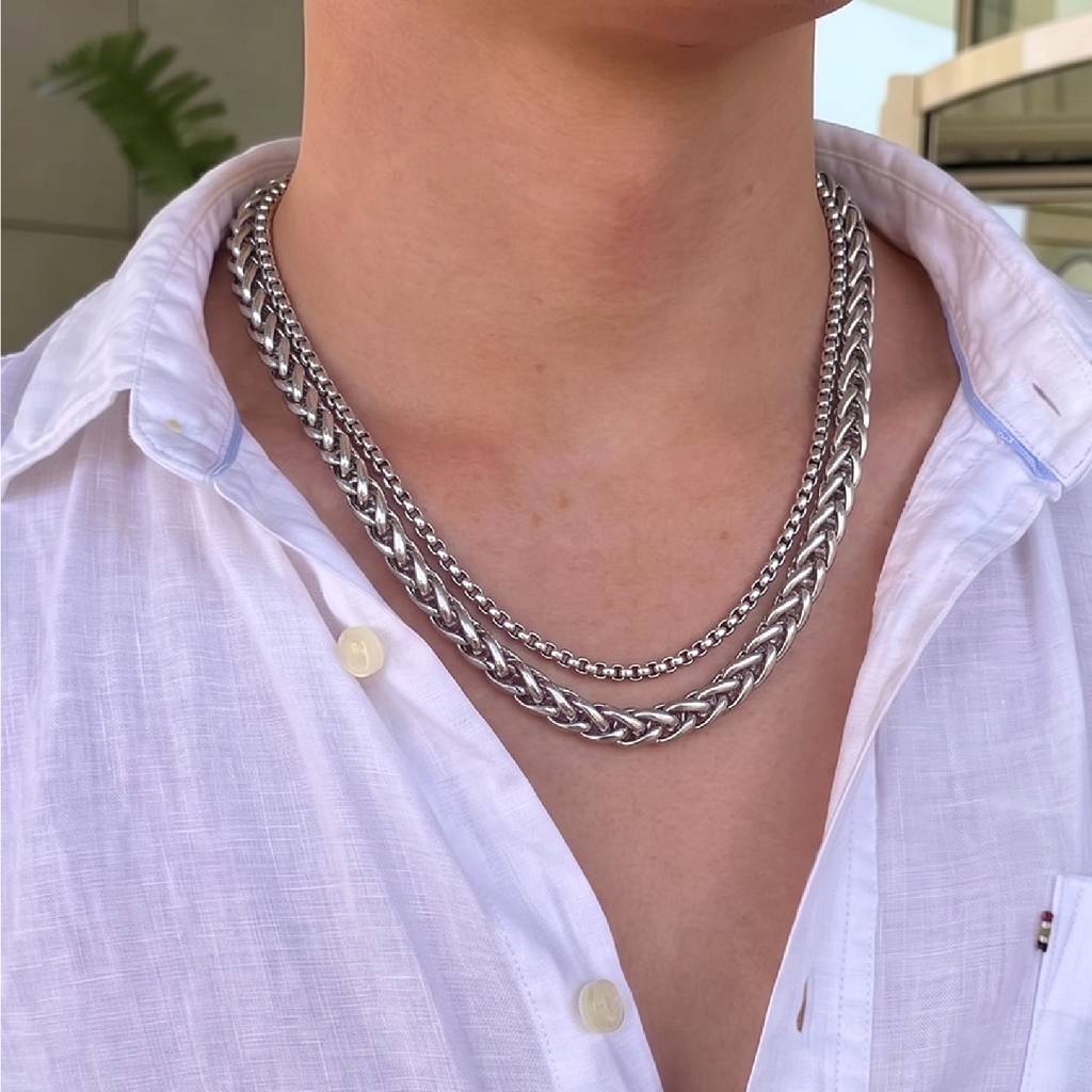 Fancy 2 Layer Braided Curb Chain For Men & Boys Silver Plated Stainless Steel Casual Stylish Design Jewellery Birt : PX9CH120S