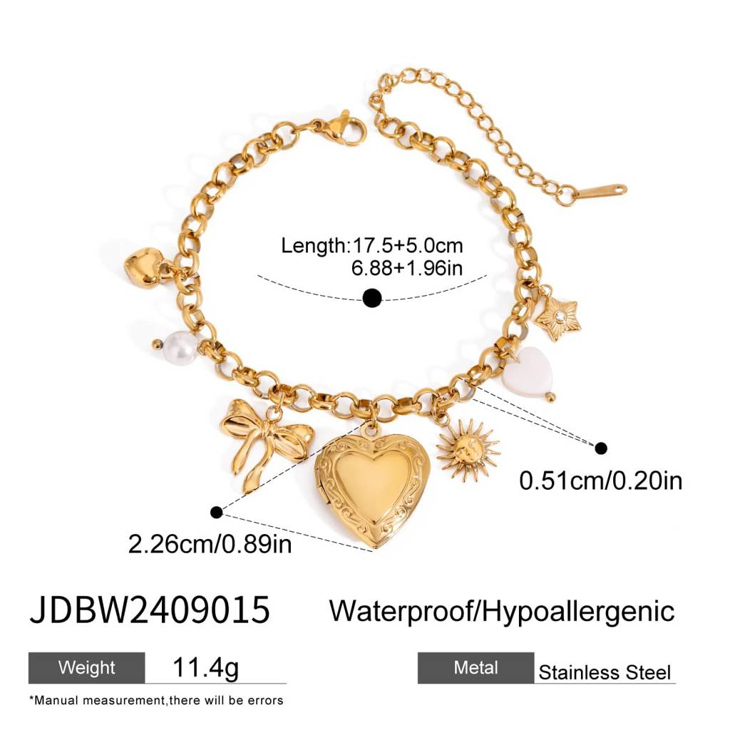 Golden Stainless Steel Premium & Elegant Charm Bracelet For Women – Adjustable Chain Bracelet With Heart Locket, B : BW2409015