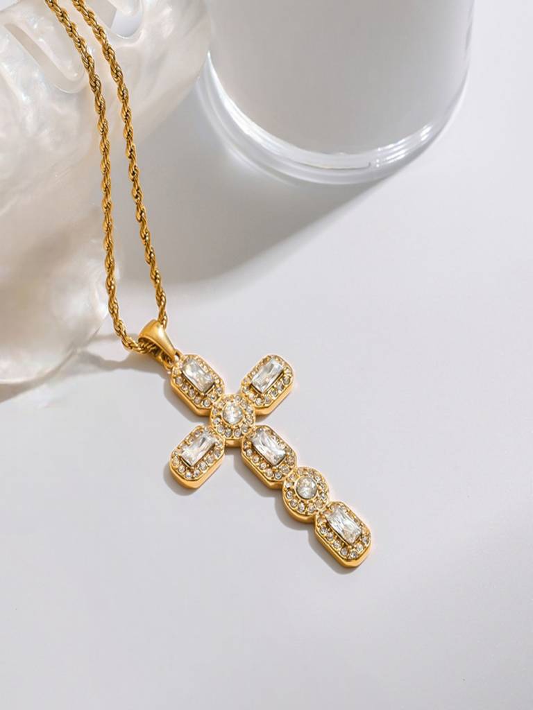 Mens Zircon Cross Pendant Necklace Waterproof Anti-Tarnish 18K Gold Plated : AWX0925P2040WH_M_RE