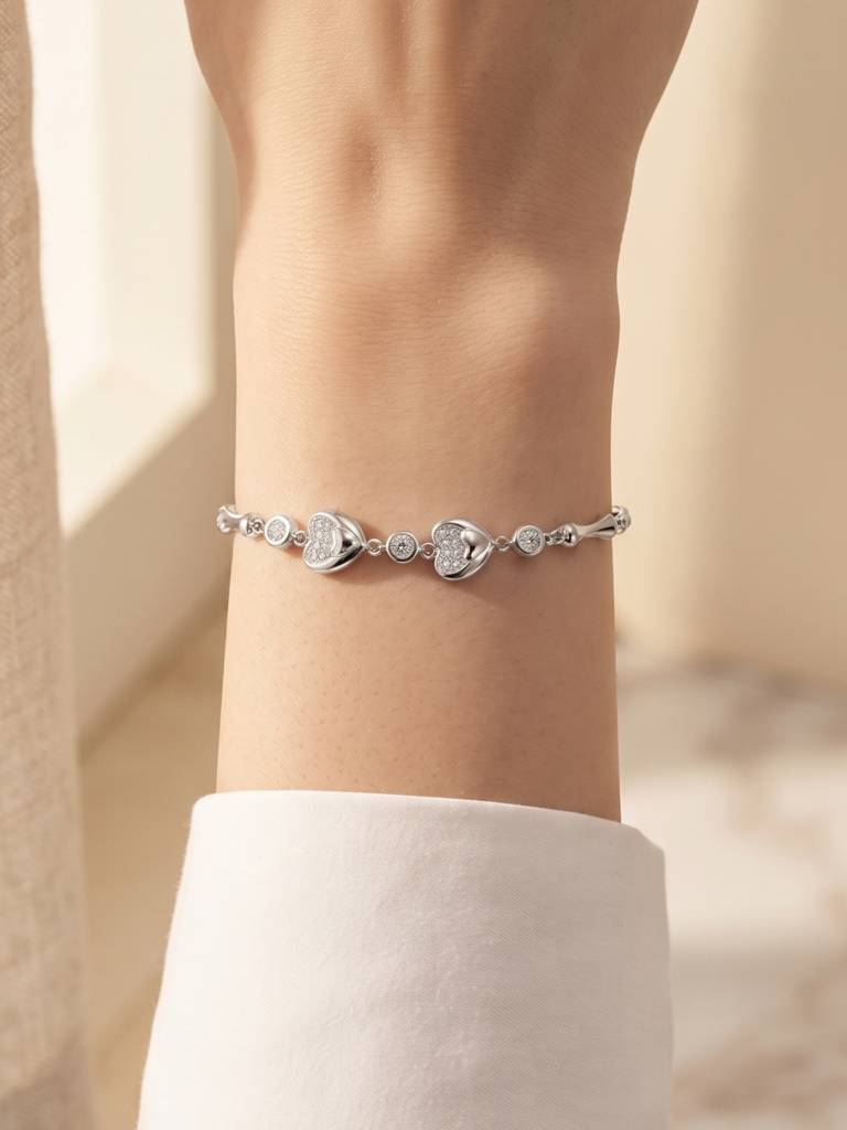 925 Silver Double Heart & Crystal Link Bracelet For Women : BR-63