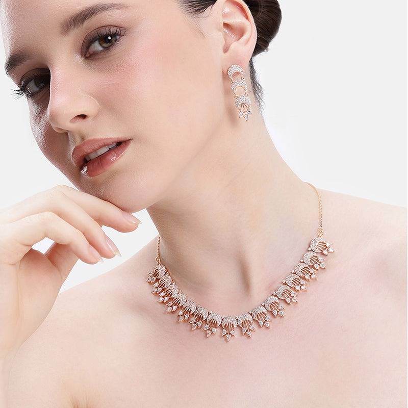 Classic Leaf Motif Collar Rose Gold Plated White Cz Necklace Set For Celebration Occasions : AD-898-RGWENKER
