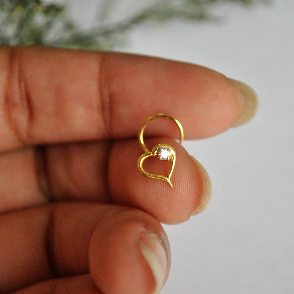 Natural Diamond Heart Nose Pin In 14K Yellow Gold C Wire : NP009-14Y-C-S