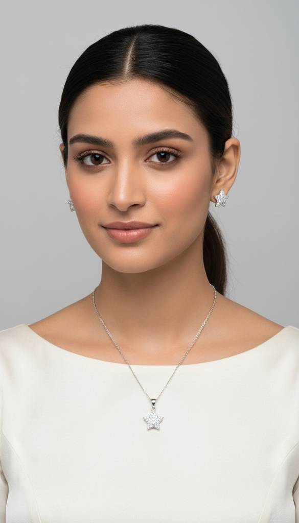 Silver Plated Star Pendant Necklace & Stud Earrings Set : NEC-999-A8128
