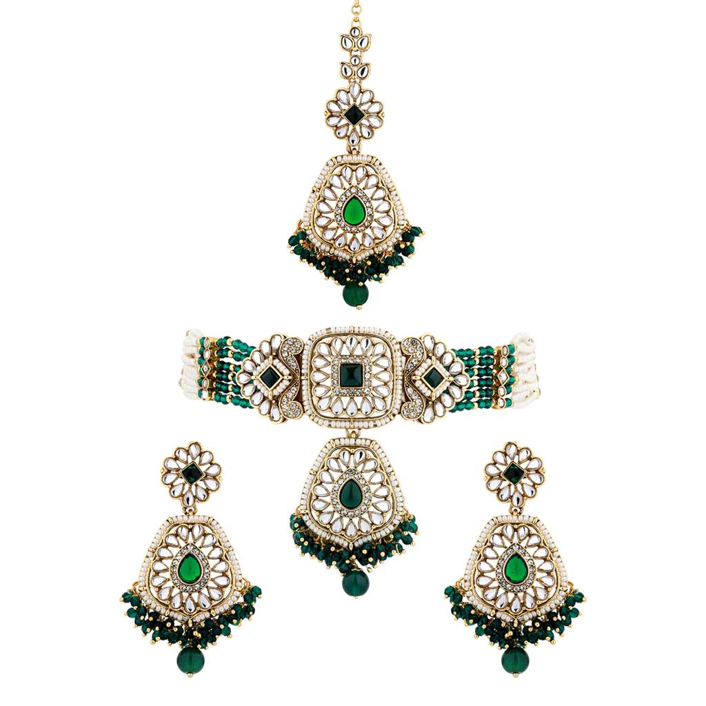 Kundan Opulance Green Cz-Pearl Beaded Yellow Gold-Plated Choker Set : 8905124585322