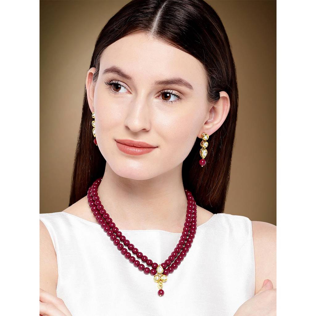 Indian Traditional Kundan Faux Pearl Maroon Long Jewellery Necklace Set For Women Girls : PF37NML201M