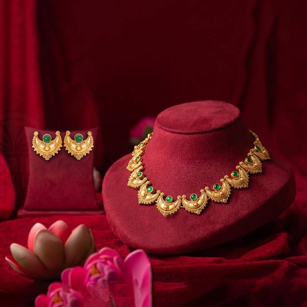 Ethnic Green Gold Plated Necklace Earrings Set Jewellery For Women : PF109N01GRN
