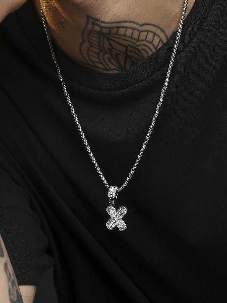 Men'S Embellished Alphabet Pendant Necklace - Silver : FANC1071-X